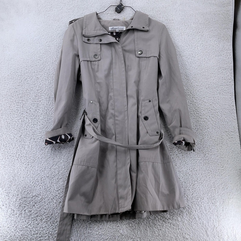 Kenneth Cole New York Coat Womens XL Gray Trench Belted‎ Zip Snap Placket Lined